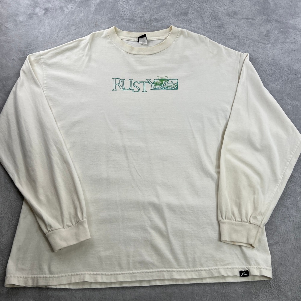 Rusty Vintage Graphic Long Sleeve T-Shirt 2XL Cream Men Surf Skater 90s Y2K